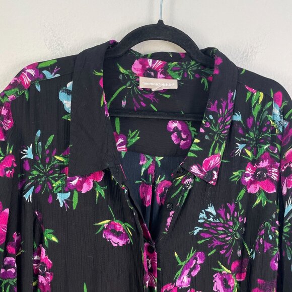 Woman Within Plus 28W Black Floral Long Button Up Maxi Dress Roll Tab Sleeve - Picture 2 of 9